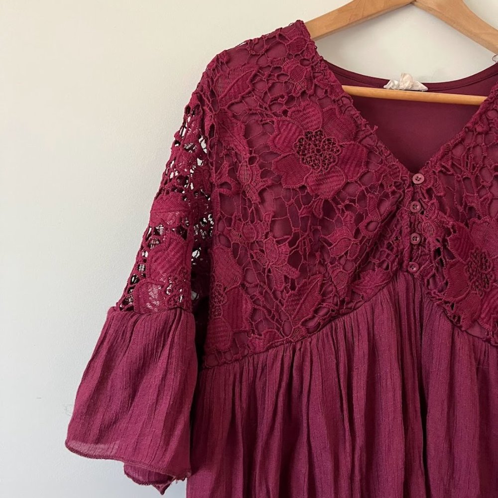 Kings Road Wine Red Lace Eyelet Boho Bell Sleeve Midi Dress 1X